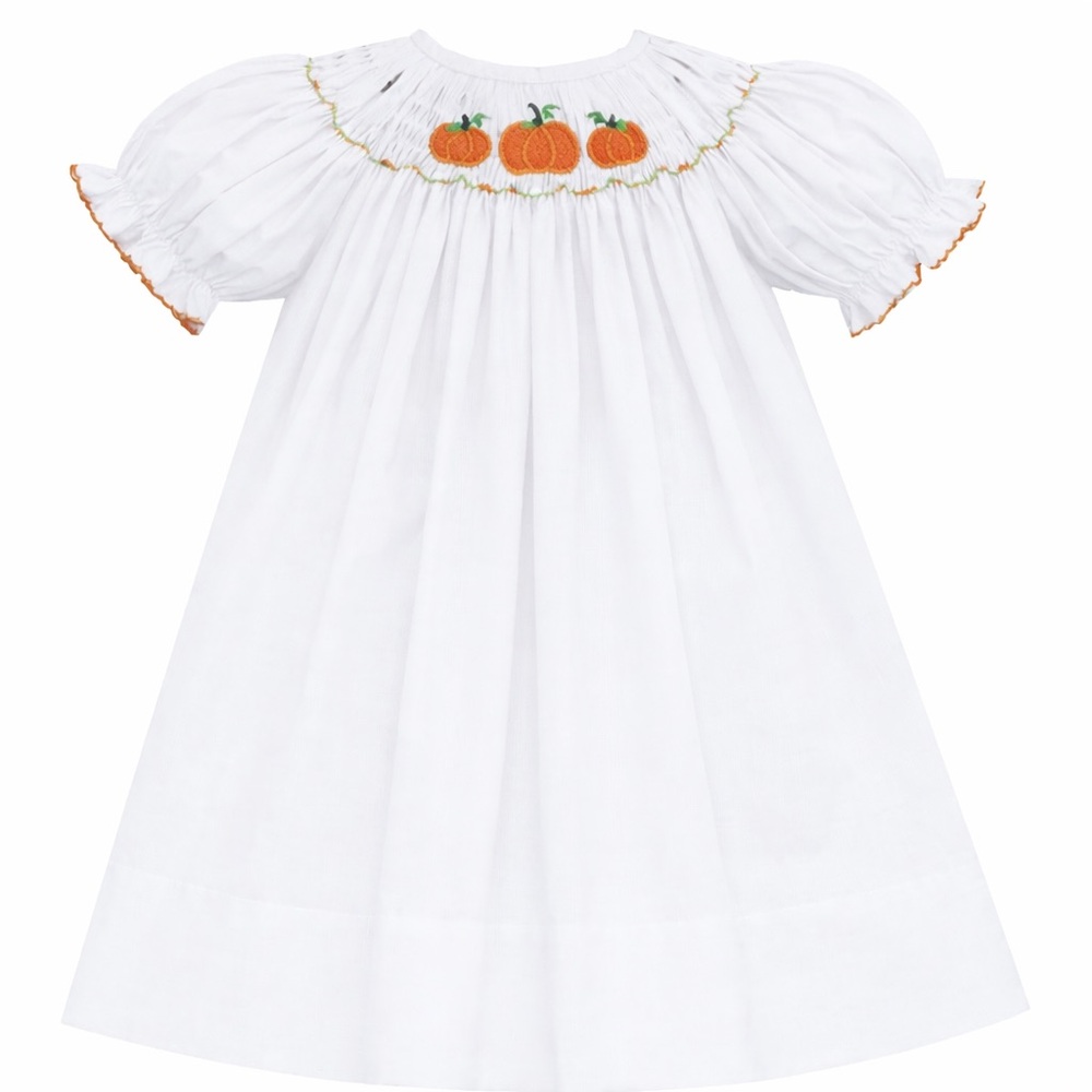 Nola Smocked White Dress with Pumpkin Embroidery | 18m